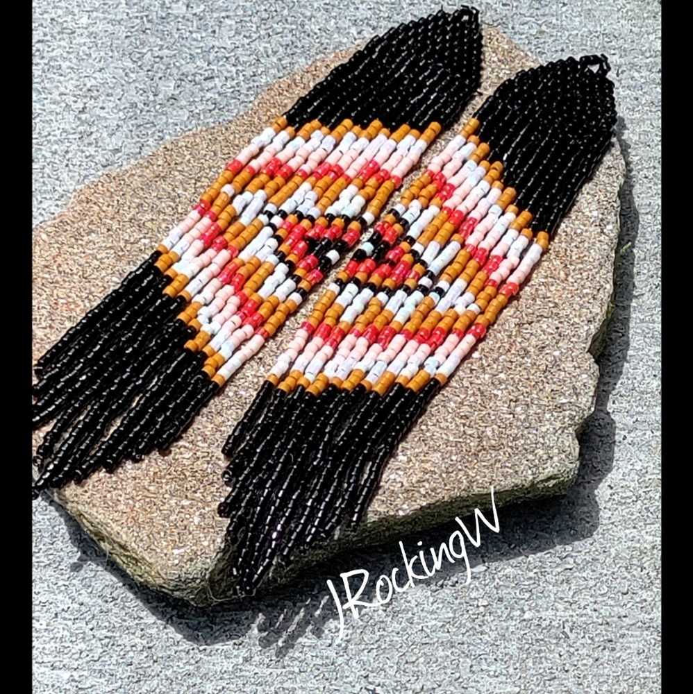 Southwestern Black Red Pink Beaded Long Earrings